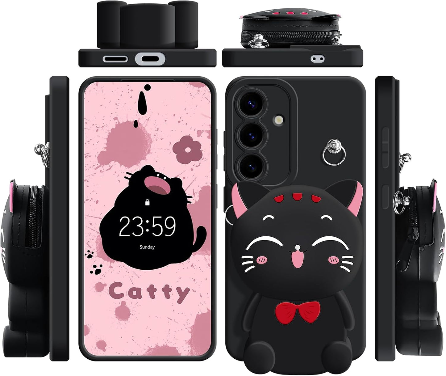 for Samsung Galaxy A16 5G Case, Cute Black Lucky Cat Coin Purse Fancy Phone Case for Women Girls with Crossbody Strap Kawaii Soft Silicone Cover for Galaxy A16 4G/5G