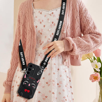for Samsung Galaxy A16 5G Case, Cute Black Lucky Cat Coin Purse Fancy Phone Case for Women Girls with Crossbody Strap Kawaii Soft Silicone Cover for Galaxy A16 4G/5G