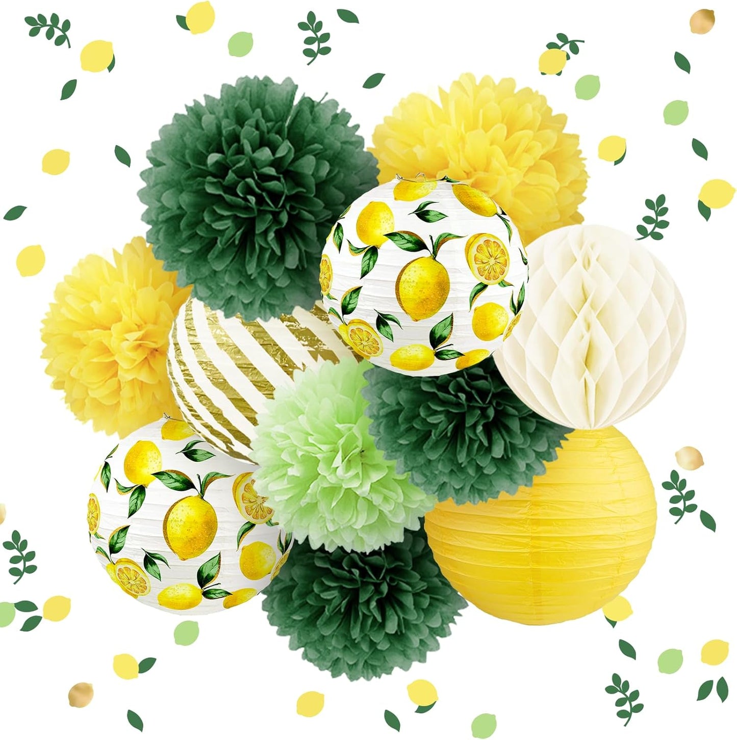 Lemon Party Decorations Kit,12PCS for Sumer Baby Shower | with Yellow Green Lemon Pattern Paper Lanterns and Pom Poms Flowers,Confetti for Birthday,Bridal Showers,Wedding