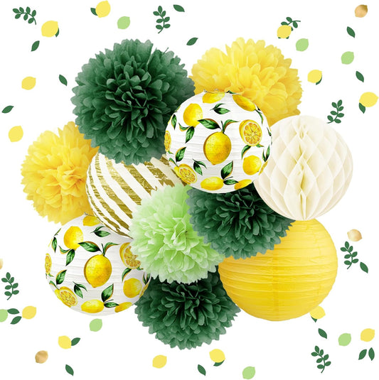Lemon Party Decorations Kit,12PCS for Sumer Baby Shower | with Yellow Green Lemon Pattern Paper Lanterns and Pom Poms Flowers,Confetti for Birthday,Bridal Showers,Wedding