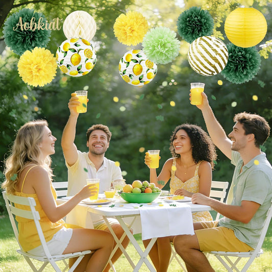 Lemon Party Decorations Kit,12PCS for Sumer Baby Shower | with Yellow Green Lemon Pattern Paper Lanterns and Pom Poms Flowers,Confetti for Birthday,Bridal Showers,Wedding