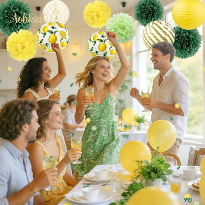 Lemon Party Decorations Kit,12PCS for Sumer Baby Shower | with Yellow Green Lemon Pattern Paper Lanterns and Pom Poms Flowers,Confetti for Birthday,Bridal Showers,Wedding
