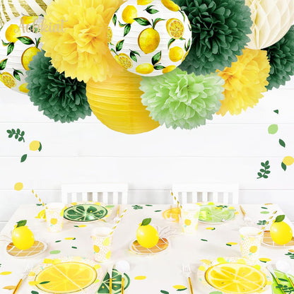 Lemon Party Decorations Kit,12PCS for Sumer Baby Shower | with Yellow Green Lemon Pattern Paper Lanterns and Pom Poms Flowers,Confetti for Birthday,Bridal Showers,Wedding