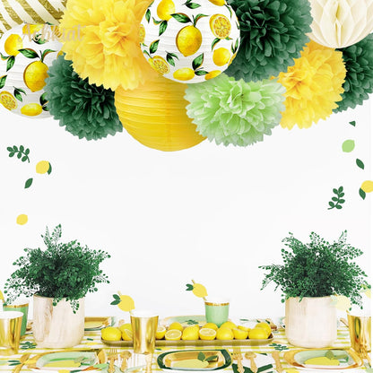 Lemon Party Decorations Kit,12PCS for Sumer Baby Shower | with Yellow Green Lemon Pattern Paper Lanterns and Pom Poms Flowers,Confetti for Birthday,Bridal Showers,Wedding