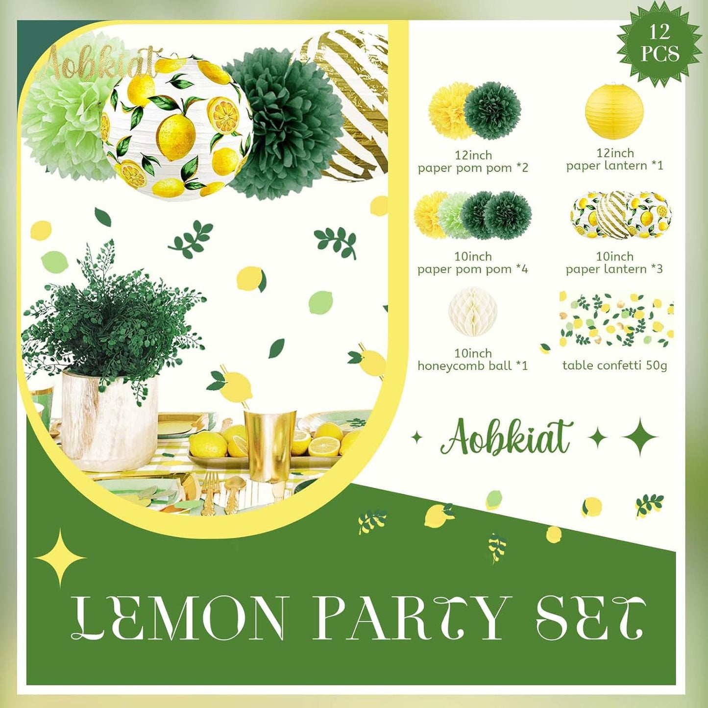 Lemon Party Decorations Kit,12PCS for Sumer Baby Shower | with Yellow Green Lemon Pattern Paper Lanterns and Pom Poms Flowers,Confetti for Birthday,Bridal Showers,Wedding