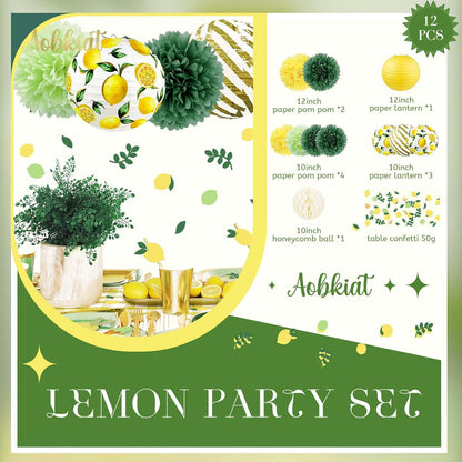 Lemon Party Decorations Kit,12PCS for Sumer Baby Shower | with Yellow Green Lemon Pattern Paper Lanterns and Pom Poms Flowers,Confetti for Birthday,Bridal Showers,Wedding