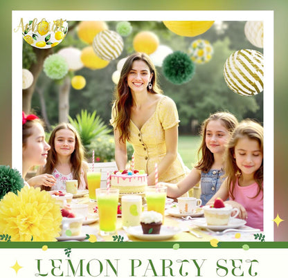 Lemon Party Decorations Kit,12PCS for Sumer Baby Shower | with Yellow Green Lemon Pattern Paper Lanterns and Pom Poms Flowers,Confetti for Birthday,Bridal Showers,Wedding