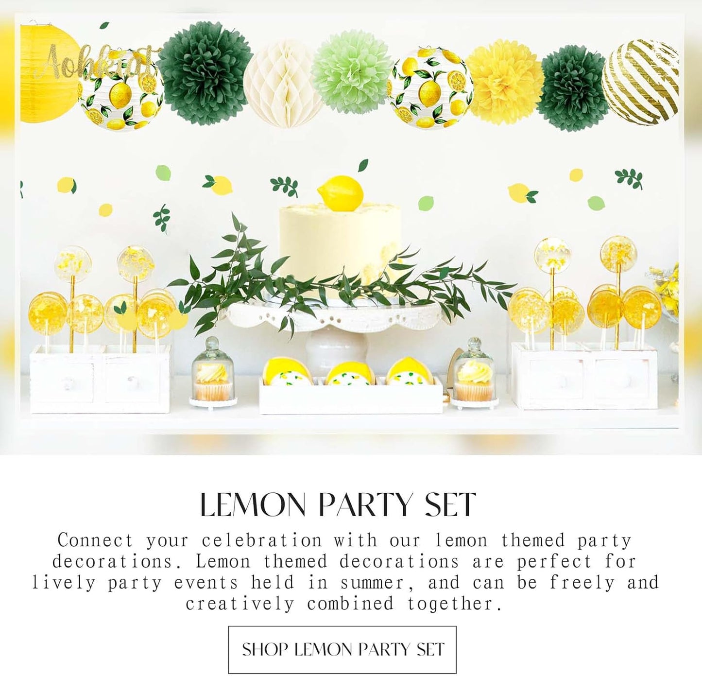 Lemon Party Decorations Kit,12PCS for Sumer Baby Shower | with Yellow Green Lemon Pattern Paper Lanterns and Pom Poms Flowers,Confetti for Birthday,Bridal Showers,Wedding