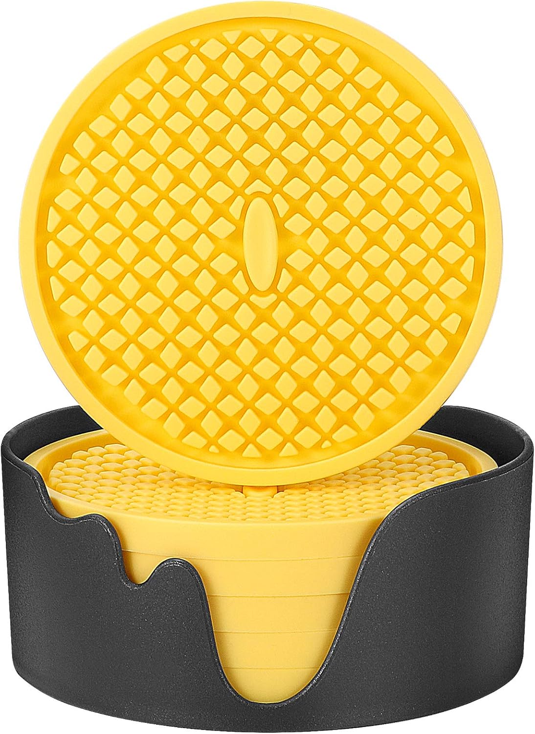 Silicone Coasters [6 Pack] Thickened Drink Coasters with Holder - Cup Mat - Non-Slip, Non-stick, Stay Put, Deep Tray - Prevents Furniture and Tabletop Damages(Yellow)