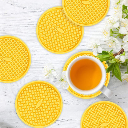 Silicone Coasters [6 Pack] Thickened Drink Coasters with Holder - Cup Mat - Non-Slip, Non-stick, Stay Put, Deep Tray - Prevents Furniture and Tabletop Damages(Yellow)