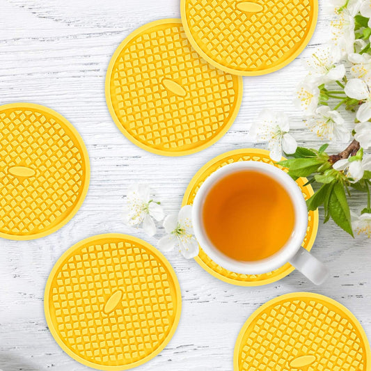 Silicone Coasters [6 Pack] Thickened Drink Coasters with Holder - Cup Mat - Non-Slip, Non-stick, Stay Put, Deep Tray - Prevents Furniture and Tabletop Damages(Yellow)