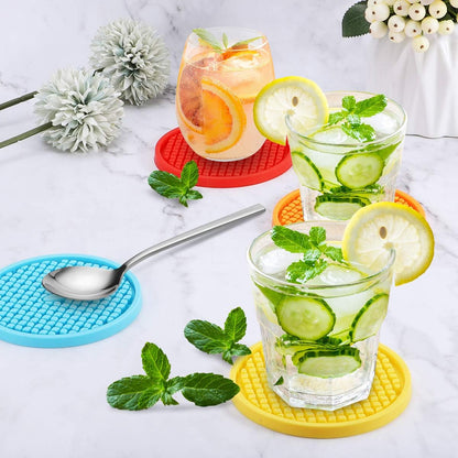 Silicone Coasters [6 Pack] Thickened Drink Coasters with Holder - Cup Mat - Non-Slip, Non-stick, Stay Put, Deep Tray - Prevents Furniture and Tabletop Damages(Yellow)