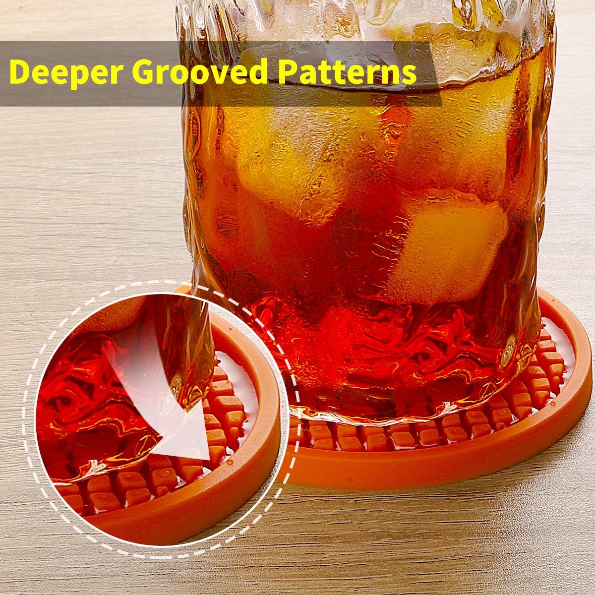 Silicone Coasters [6 Pack] Thickened Drink Coasters with Holder - Cup Mat - Non-Slip, Non-stick, Stay Put, Deep Tray - Prevents Furniture and Tabletop Damages(Yellow)