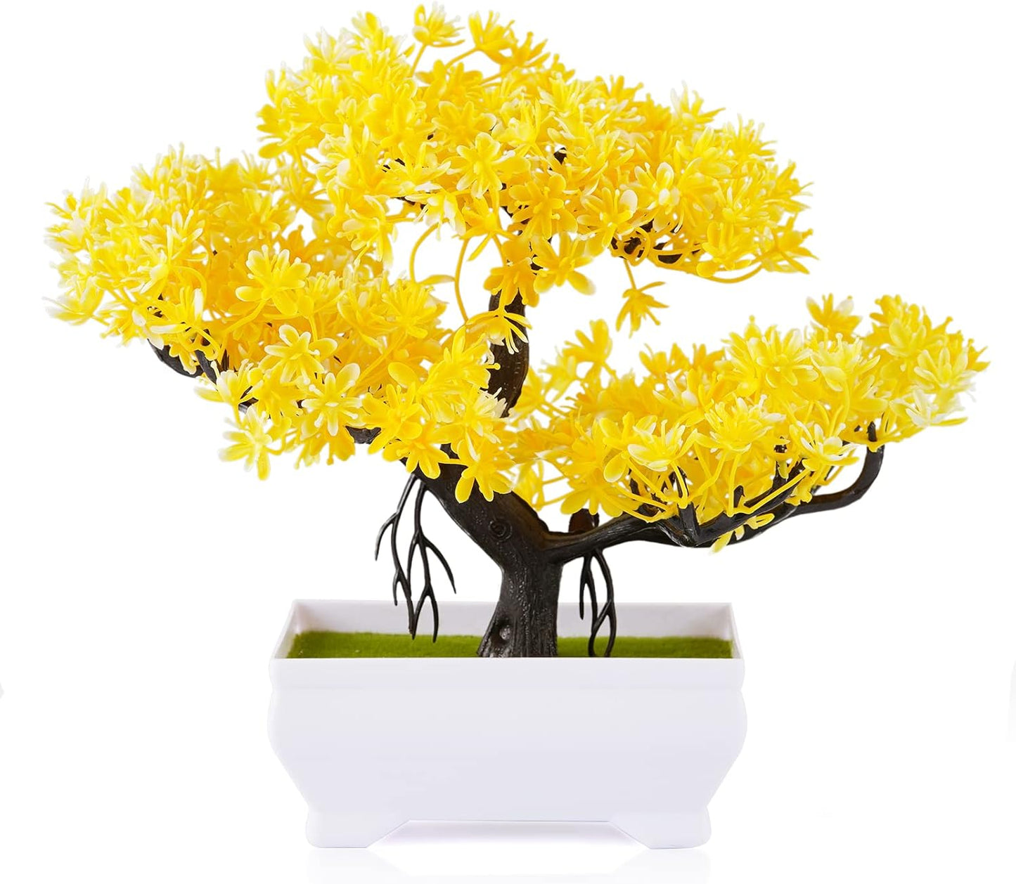 Mini Artificial Bonsai Tree with Cement Pot Home Decor, Yellow | No Water Needed, Decoration for Home Office Desk