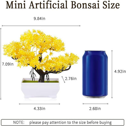 Mini Artificial Bonsai Tree with Cement Pot Home Decor, Yellow | No Water Needed, Decoration for Home Office Desk