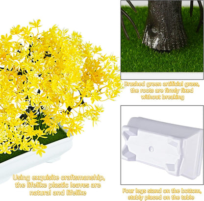 Mini Artificial Bonsai Tree with Cement Pot Home Decor, Yellow | No Water Needed, Decoration for Home Office Desk