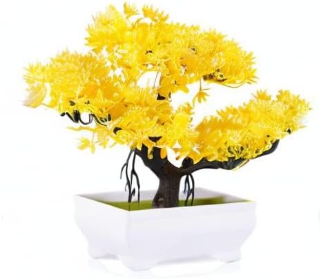 Mini Artificial Bonsai Tree with Cement Pot Home Decor, Yellow | No Water Needed, Decoration for Home Office Desk