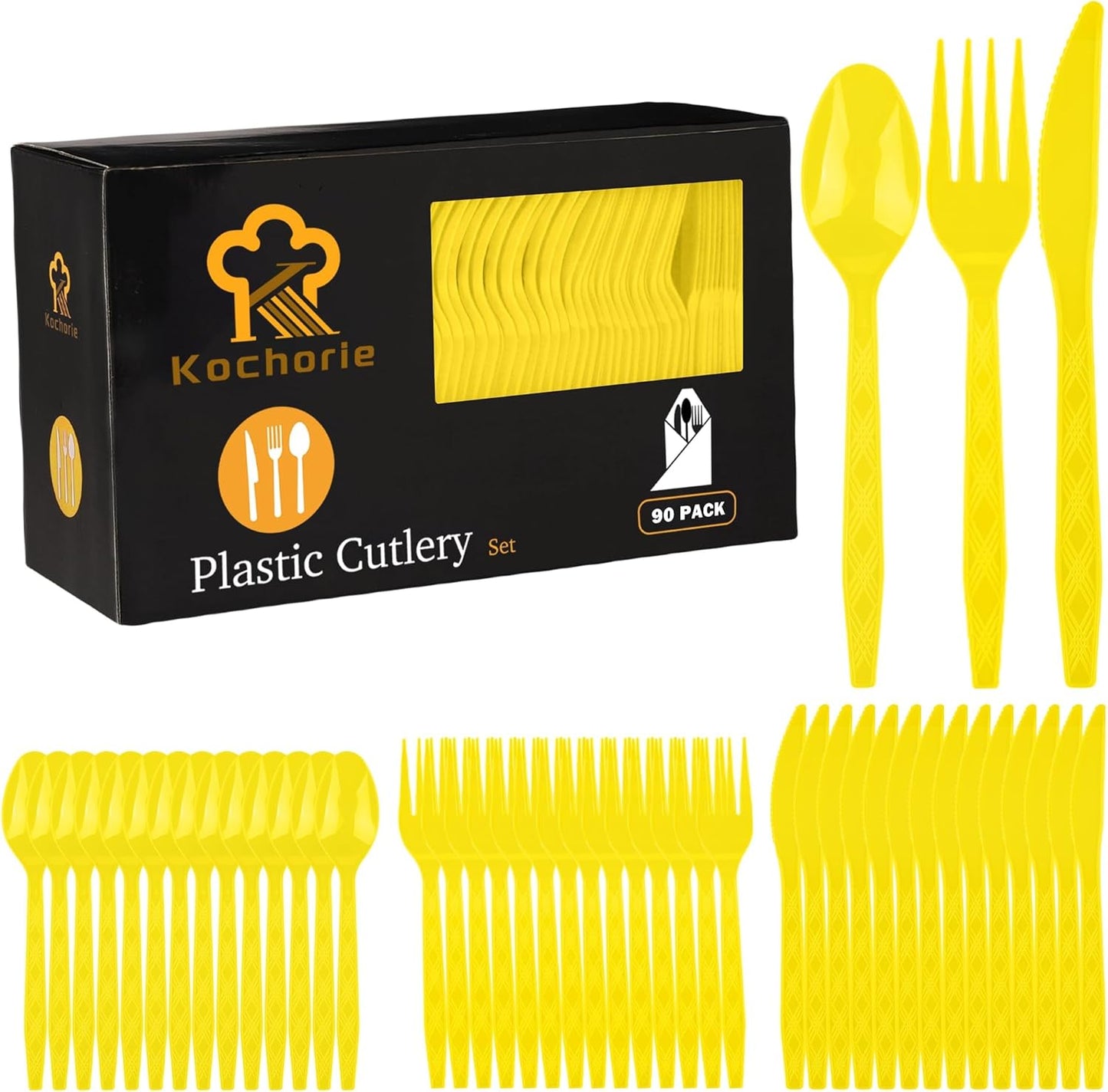 90 Pieces Yellow Plastic Cutlery Set Disposable Plastic Utensils Heavy Duty Flatware Set Includes 30 Knives 30 Forks 30 Spoons for Birthday Wedding Party, Picnic