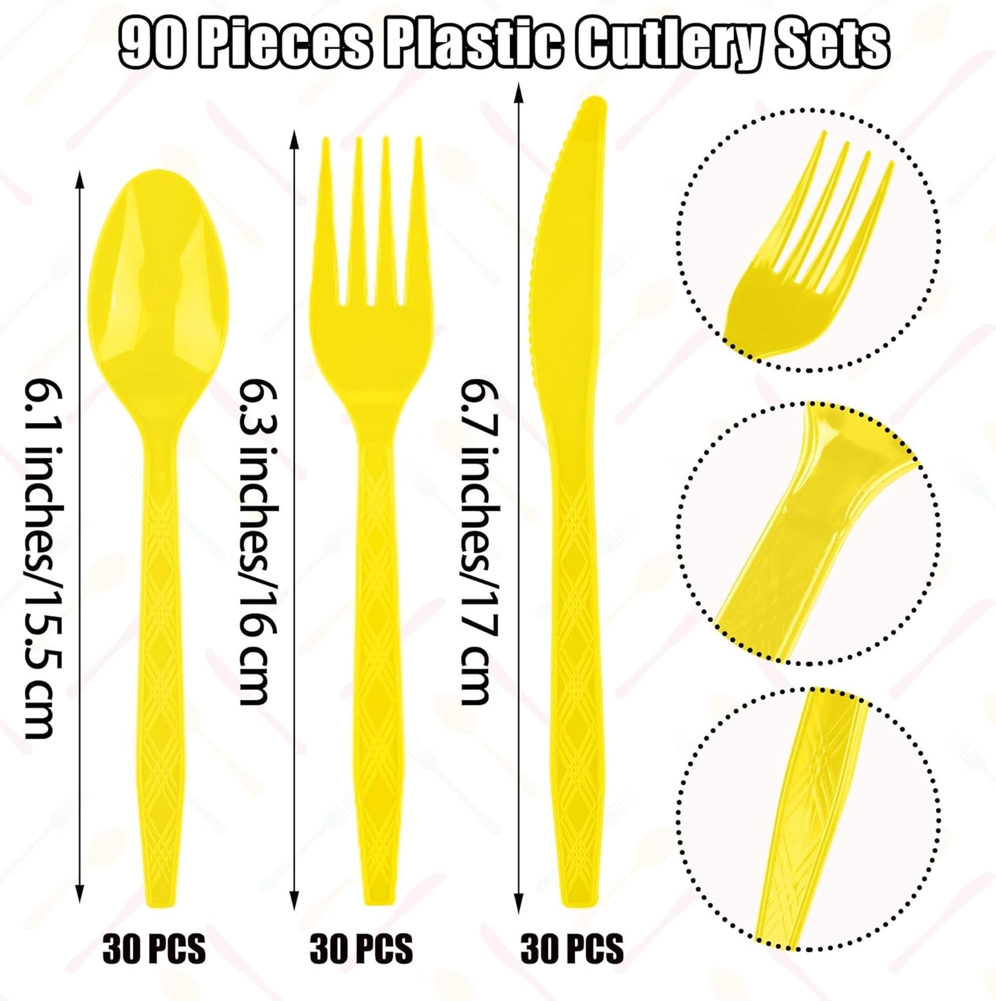 90 Pieces Yellow Plastic Cutlery Set Disposable Plastic Utensils Heavy Duty Flatware Set Includes 30 Knives 30 Forks 30 Spoons for Birthday Wedding Party, Picnic