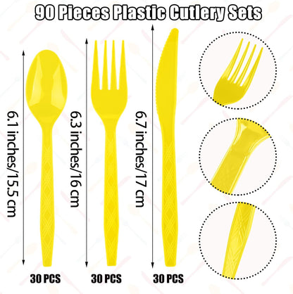 90 Pieces Yellow Plastic Cutlery Set Disposable Plastic Utensils Heavy Duty Flatware Set Includes 30 Knives 30 Forks 30 Spoons for Birthday Wedding Party, Picnic