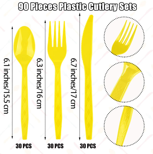 90 Pieces Yellow Plastic Cutlery Set Disposable Plastic Utensils Heavy Duty Flatware Set Includes 30 Knives 30 Forks 30 Spoons for Birthday Wedding Party, Picnic