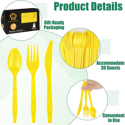 90 Pieces Yellow Plastic Cutlery Set Disposable Plastic Utensils Heavy Duty Flatware Set Includes 30 Knives 30 Forks 30 Spoons for Birthday Wedding Party, Picnic