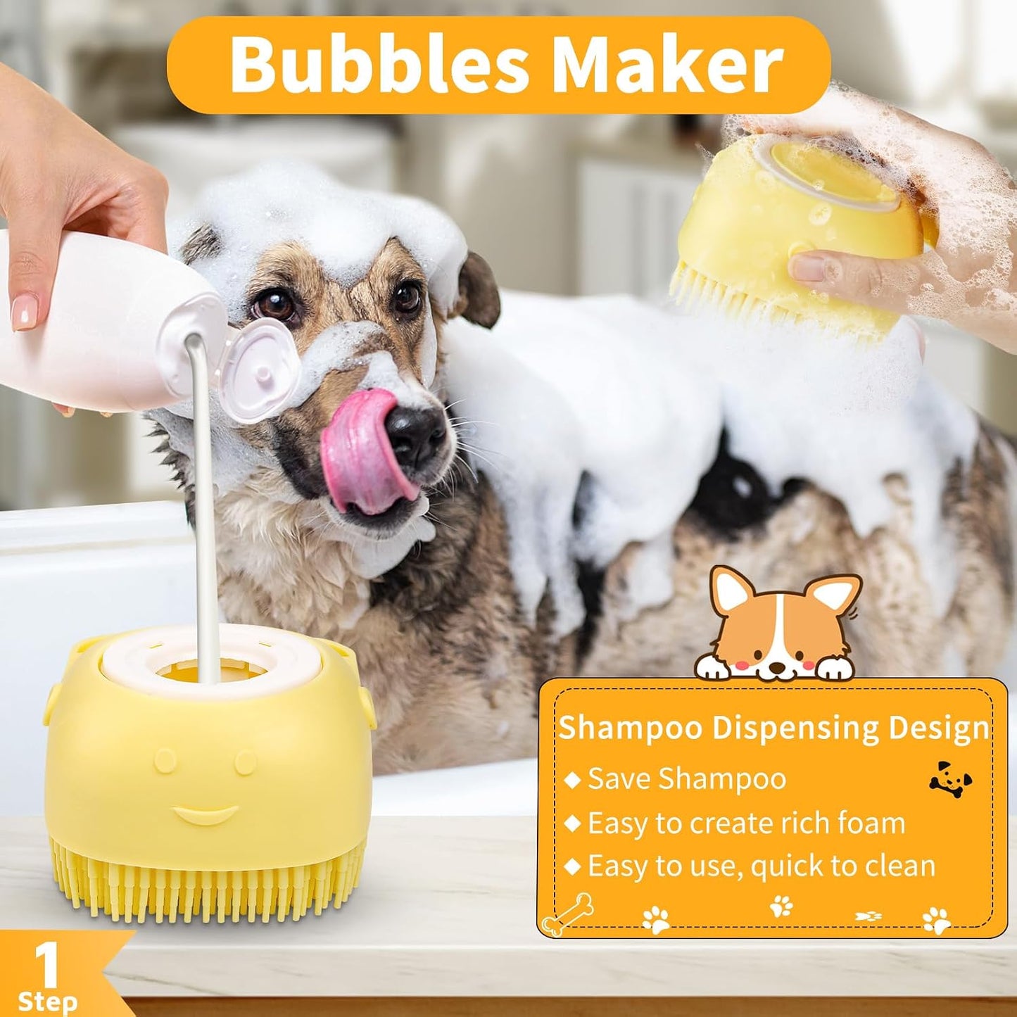 6PCS Dog Bath Brush & Dog Toothbrush | Adjustable Handle Shampoo Brush & Scrubber for Short & Long Haired Dogs & Cats | Effectively Solve Odor & Stain Removal Problems (Orange Yellow Yellow)