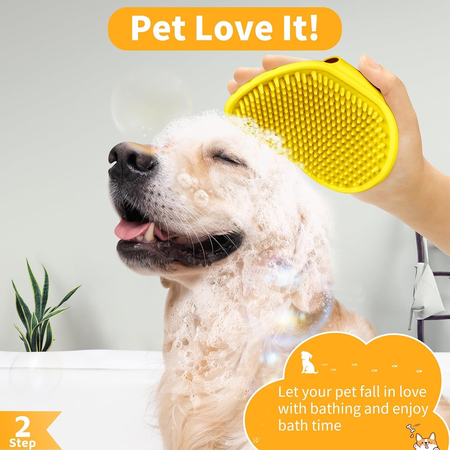 6PCS Dog Bath Brush & Dog Toothbrush | Adjustable Handle Shampoo Brush & Scrubber for Short & Long Haired Dogs & Cats | Effectively Solve Odor & Stain Removal Problems (Orange Yellow Yellow)