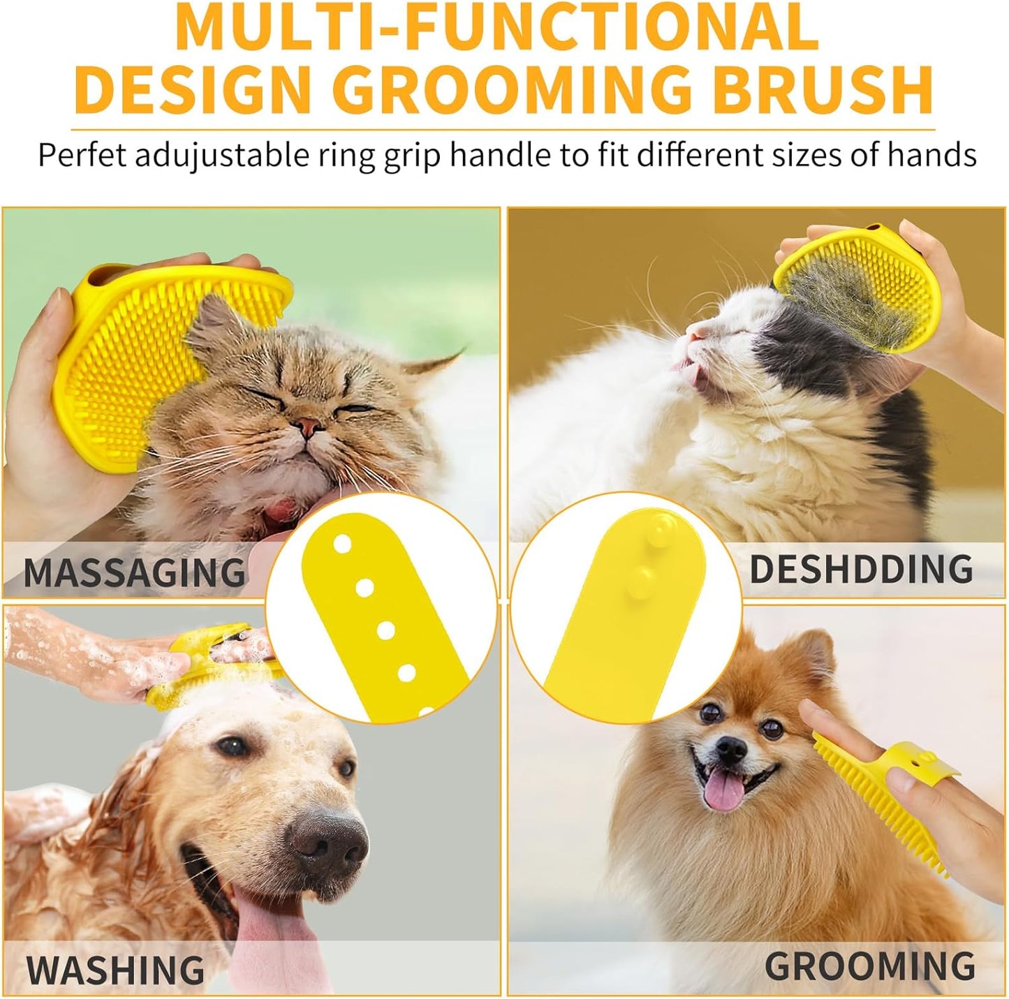 6PCS Dog Bath Brush & Dog Toothbrush | Adjustable Handle Shampoo Brush & Scrubber for Short & Long Haired Dogs & Cats | Effectively Solve Odor & Stain Removal Problems (Orange Yellow Yellow)