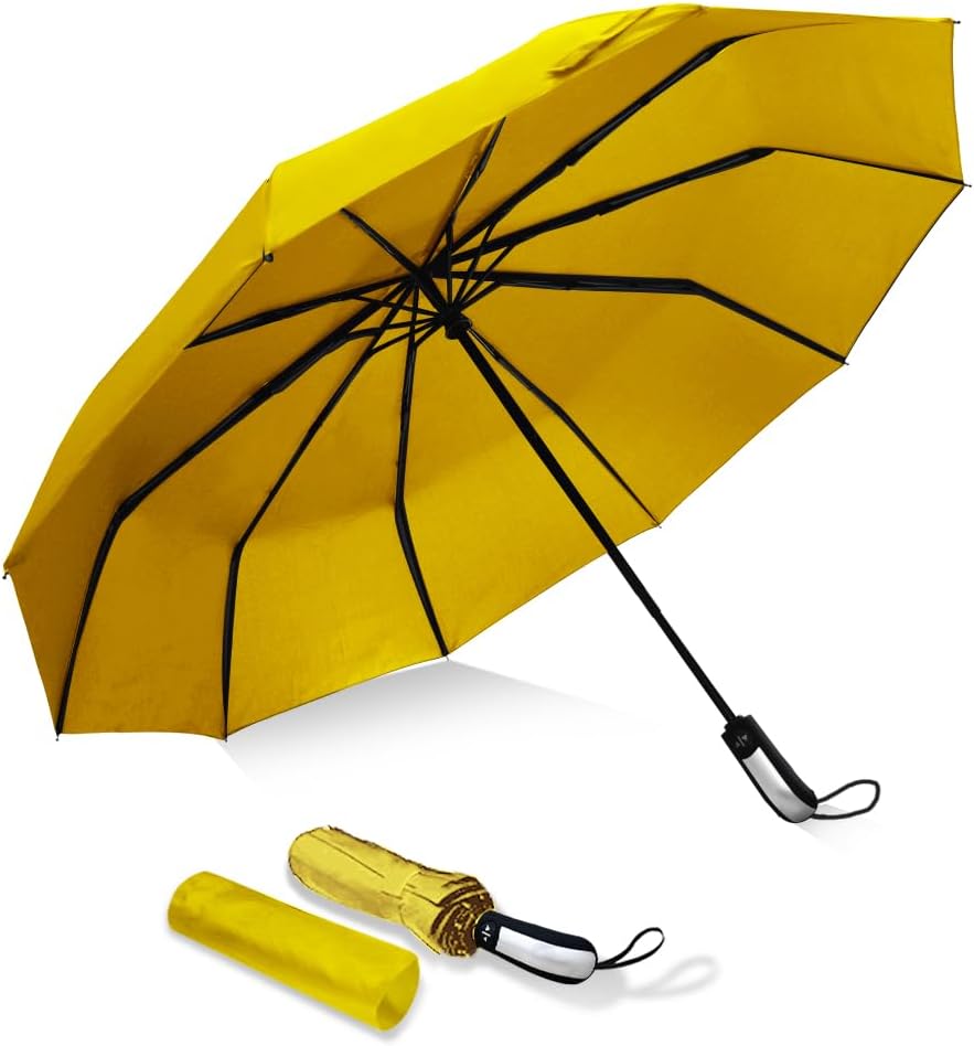 USA Folding Umbrella 10 Ribs Compact Travel Umbrella with Teflon Coating, Automatic Umbrellas Anti UV Coating Folding Umbrellas, Yellow