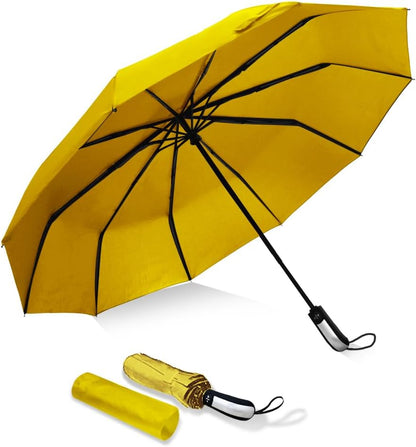 USA Folding Umbrella 10 Ribs Compact Travel Umbrella with Teflon Coating, Automatic Umbrellas Anti UV Coating Folding Umbrellas, Yellow