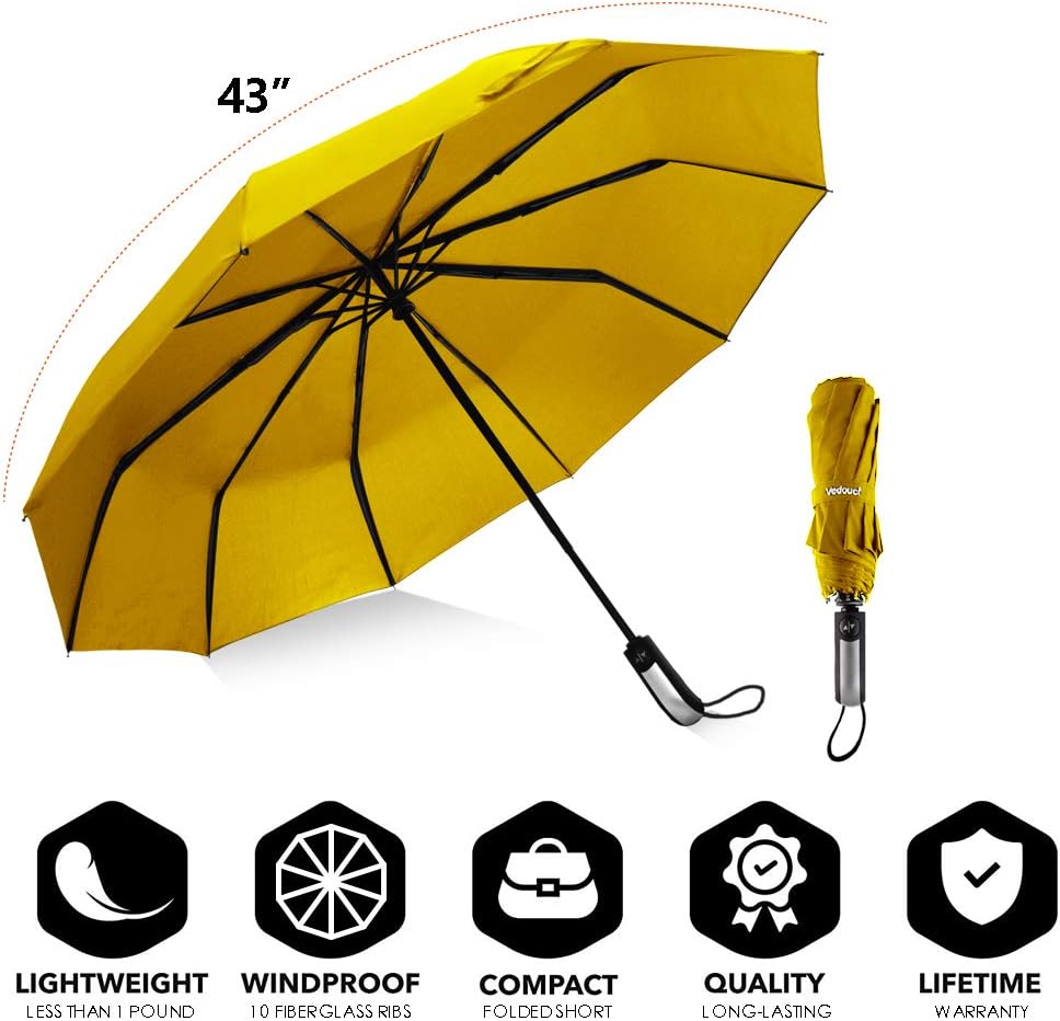 USA Folding Umbrella 10 Ribs Compact Travel Umbrella with Teflon Coating, Automatic Umbrellas Anti UV Coating Folding Umbrellas, Yellow
