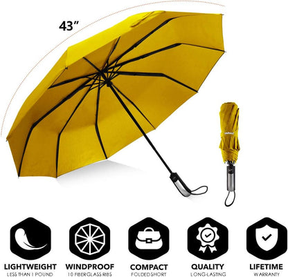 USA Folding Umbrella 10 Ribs Compact Travel Umbrella with Teflon Coating, Automatic Umbrellas Anti UV Coating Folding Umbrellas, Yellow