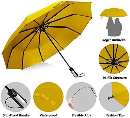 USA Folding Umbrella 10 Ribs Compact Travel Umbrella with Teflon Coating, Automatic Umbrellas Anti UV Coating Folding Umbrellas, Yellow