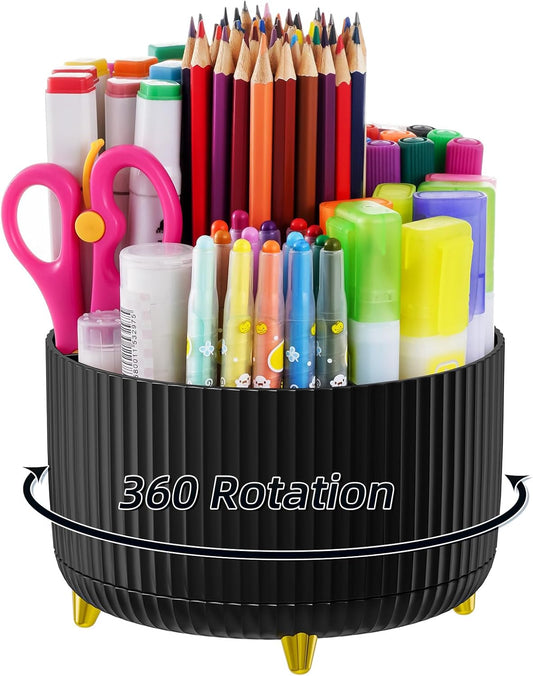 Desk Organizer, 360-Degree Rotating Pen Holder, Desk Organizers and Accessories with 5 Compartments Pencil Holder, Art Supply Storage Box Caddy for Office, Home (Yellow)