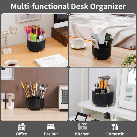 Desk Organizer, 360-Degree Rotating Pen Holder, Desk Organizers and Accessories with 5 Compartments Pencil Holder, Art Supply Storage Box Caddy for Office, Home (Yellow)