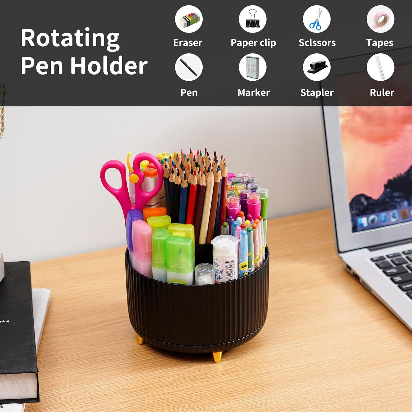 Desk Organizer, 360-Degree Rotating Pen Holder, Desk Organizers and Accessories with 5 Compartments Pencil Holder, Art Supply Storage Box Caddy for Office, Home (Yellow)