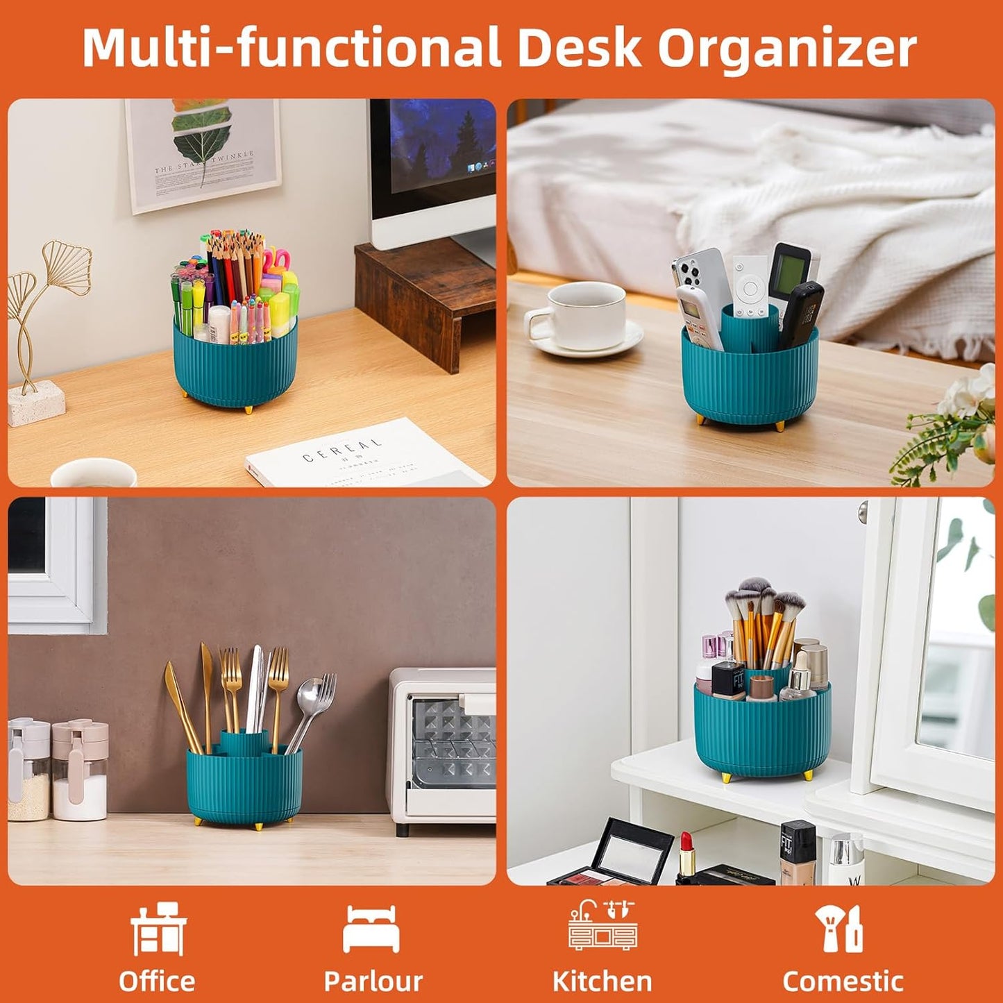 Desk Organizer, 360-Degree Rotating Pen Holder, Desk Organizers and Accessories with 5 Compartments Pencil Holder, Art Supply Storage Box Caddy for Office, Home (Yellow)