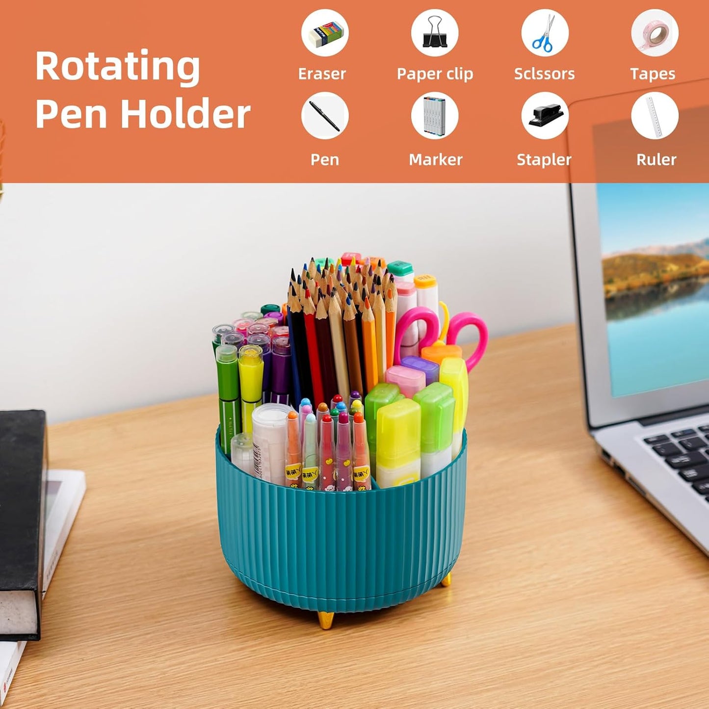 Desk Organizer, 360-Degree Rotating Pen Holder, Desk Organizers and Accessories with 5 Compartments Pencil Holder, Art Supply Storage Box Caddy for Office, Home (Yellow)