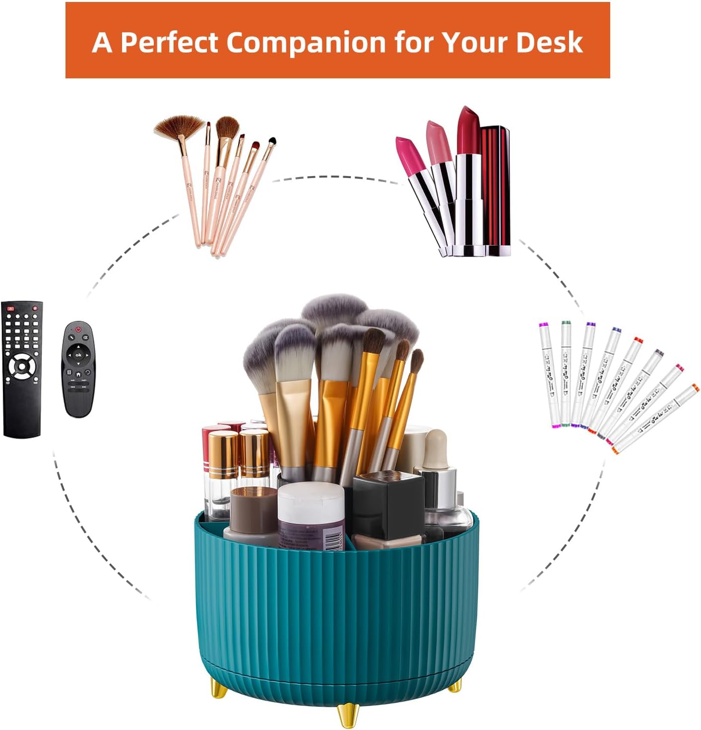 Desk Organizer, 360-Degree Rotating Pen Holder, Desk Organizers and Accessories with 5 Compartments Pencil Holder, Art Supply Storage Box Caddy for Office, Home (Yellow)