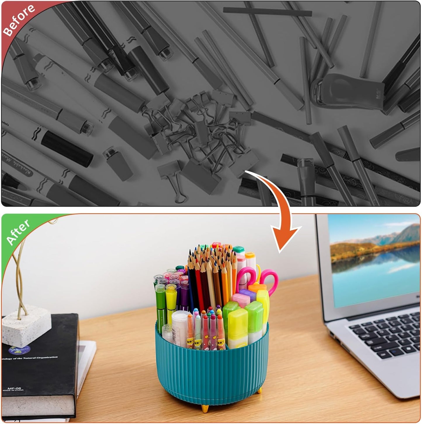 Desk Organizer, 360-Degree Rotating Pen Holder, Desk Organizers and Accessories with 5 Compartments Pencil Holder, Art Supply Storage Box Caddy for Office, Home (Yellow)