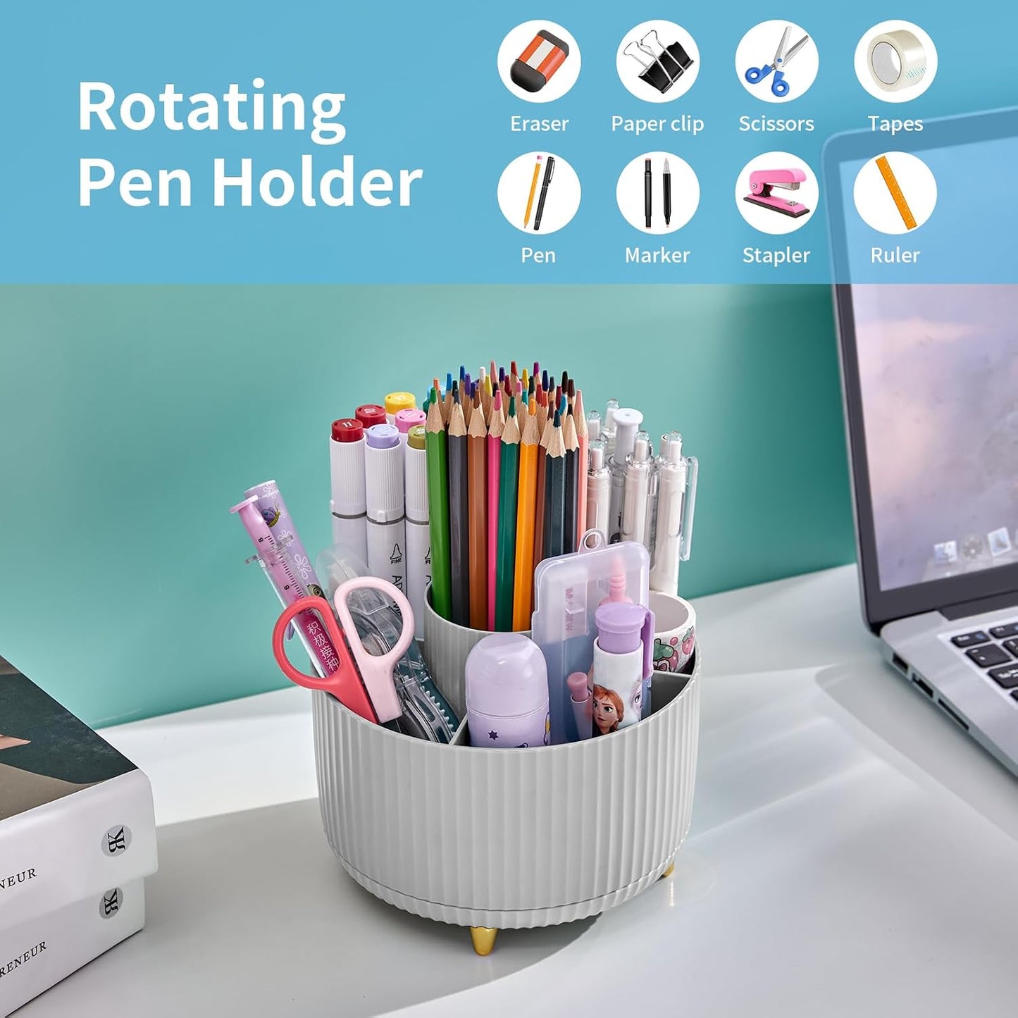 Desk Organizer, 360-Degree Rotating Pen Holder, Desk Organizers and Accessories with 5 Compartments Pencil Holder, Art Supply Storage Box Caddy for Office, Home (Yellow)