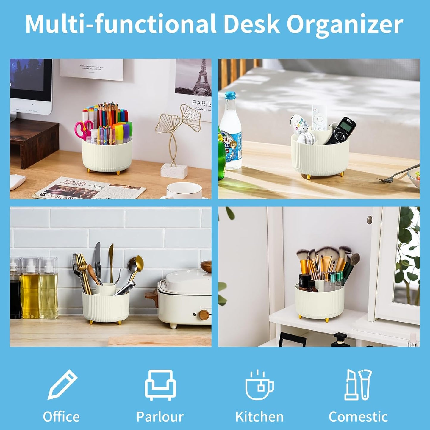 Desk Organizer, 360-Degree Rotating Pen Holder, Desk Organizers and Accessories with 5 Compartments Pencil Holder, Art Supply Storage Box Caddy for Office, Home (Yellow)