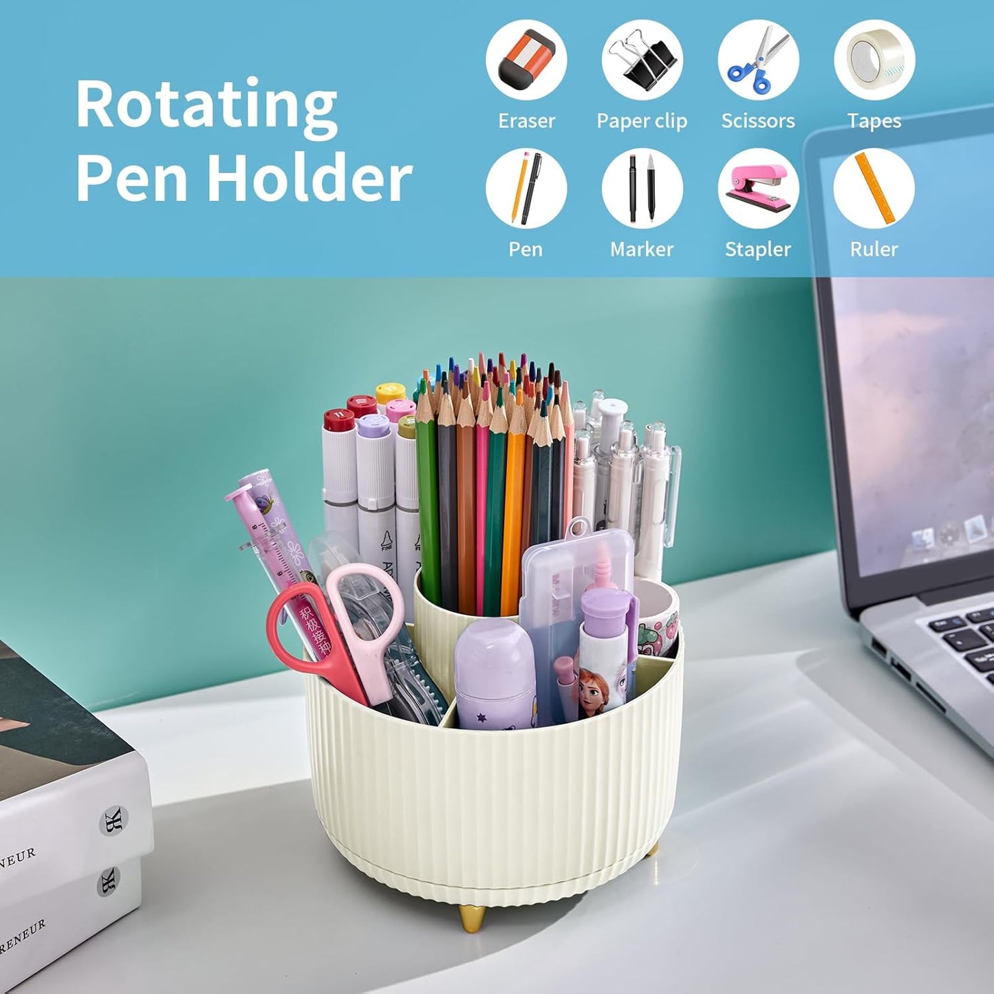 Desk Organizer, 360-Degree Rotating Pen Holder, Desk Organizers and Accessories with 5 Compartments Pencil Holder, Art Supply Storage Box Caddy for Office, Home (Yellow)
