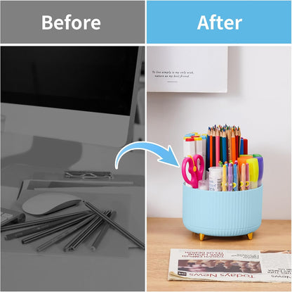 Desk Organizer, 360-Degree Rotating Pen Holder, Desk Organizers and Accessories with 5 Compartments Pencil Holder, Art Supply Storage Box Caddy for Office, Home (Yellow)
