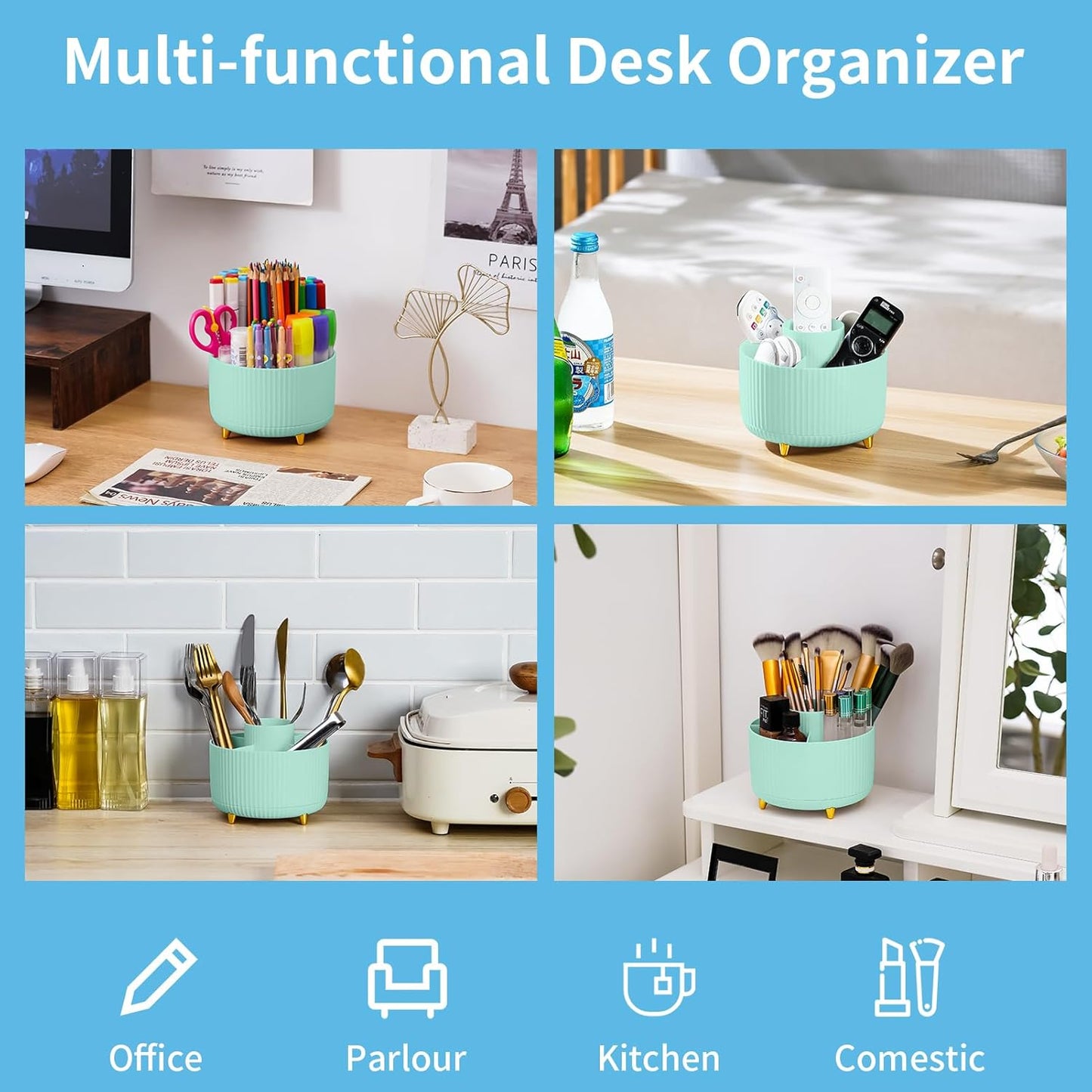 Desk Organizer, 360-Degree Rotating Pen Holder, Desk Organizers and Accessories with 5 Compartments Pencil Holder, Art Supply Storage Box Caddy for Office, Home (Yellow)