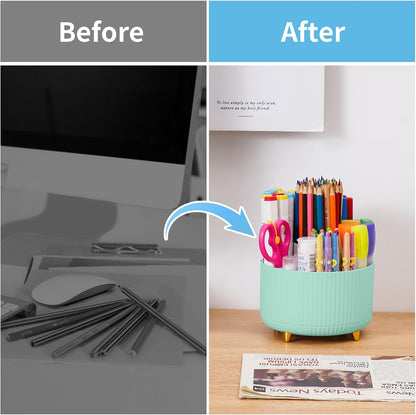 Desk Organizer, 360-Degree Rotating Pen Holder, Desk Organizers and Accessories with 5 Compartments Pencil Holder, Art Supply Storage Box Caddy for Office, Home (Yellow)