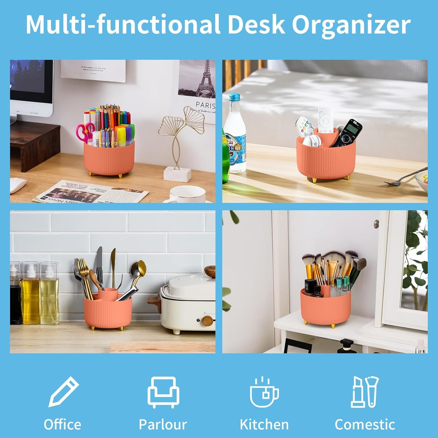 Desk Organizer, 360-Degree Rotating Pen Holder, Desk Organizers and Accessories with 5 Compartments Pencil Holder, Art Supply Storage Box Caddy for Office, Home (Yellow)
