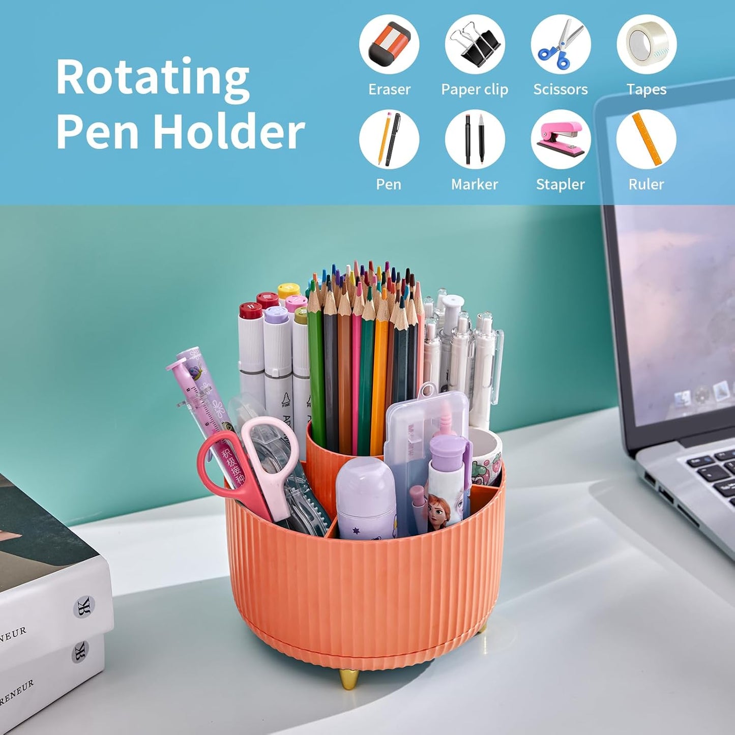 Desk Organizer, 360-Degree Rotating Pen Holder, Desk Organizers and Accessories with 5 Compartments Pencil Holder, Art Supply Storage Box Caddy for Office, Home (Yellow)