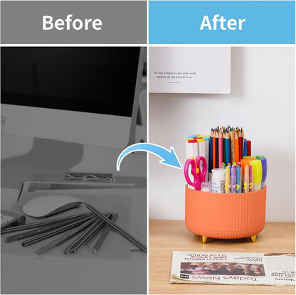 Desk Organizer, 360-Degree Rotating Pen Holder, Desk Organizers and Accessories with 5 Compartments Pencil Holder, Art Supply Storage Box Caddy for Office, Home (Yellow)